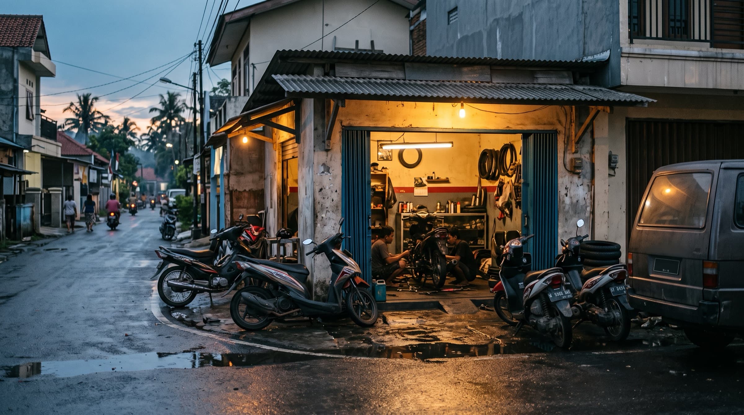Bengkel motor di Indonesia pada sore hari